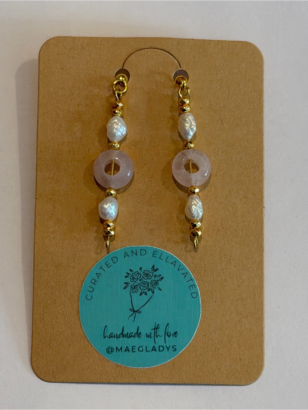 Handmade Freshwater Pearl‎ & Rose Quartz Donut 2-Way Drop Earrings / Gold Tone